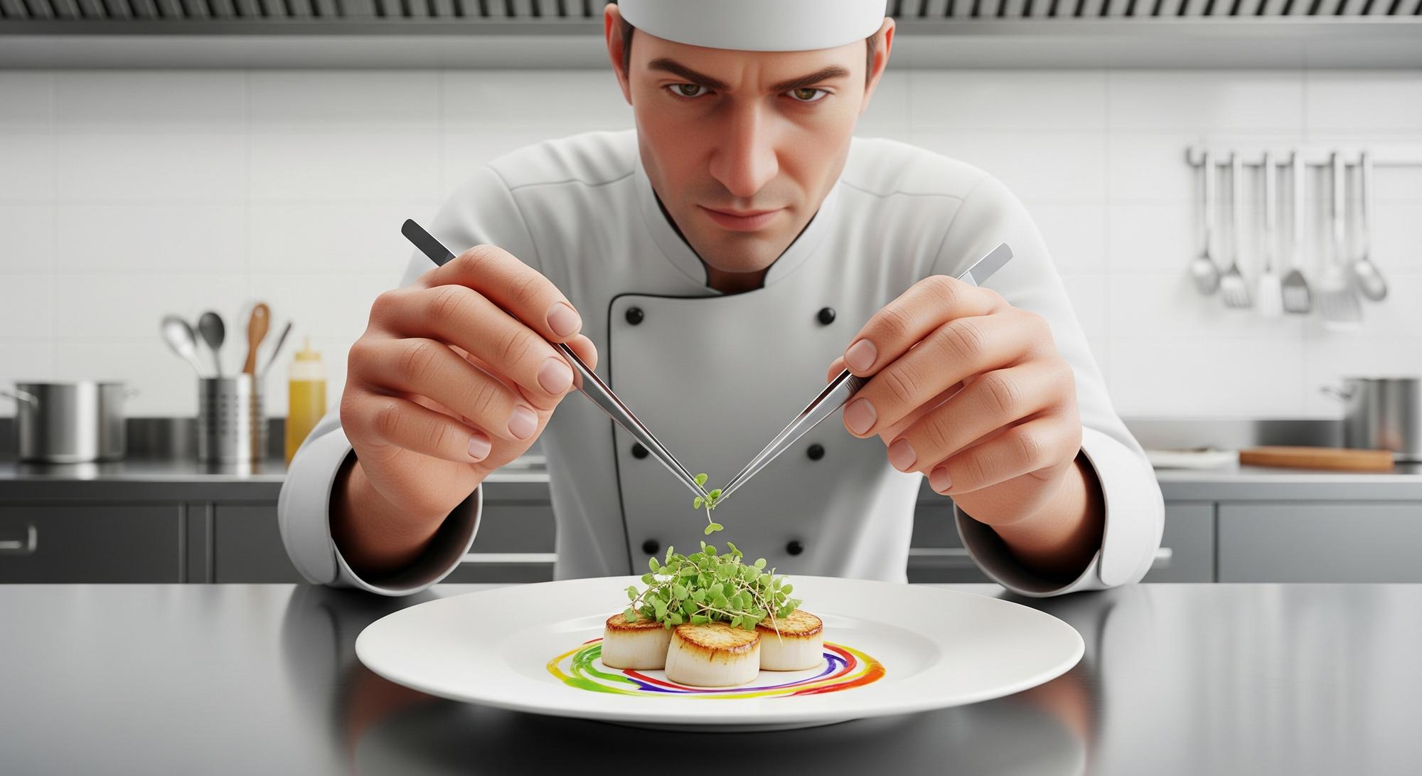 Chef demonstrating modern plating with tech tools